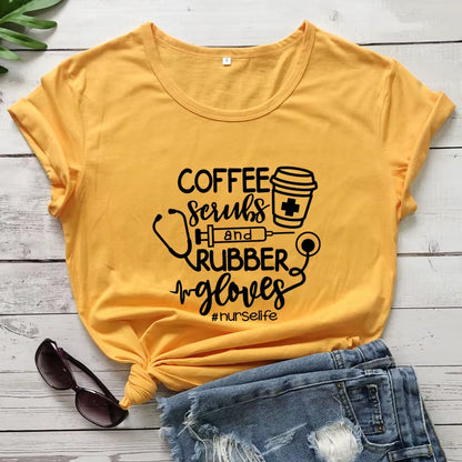 For the Love of Coffee & Nursing! ☕💉 'Coffee Scrubs & Rubber Gloves' Funny Nurse Life T-Shirt – Perfect for Nurses Who Love Their Caffeine!