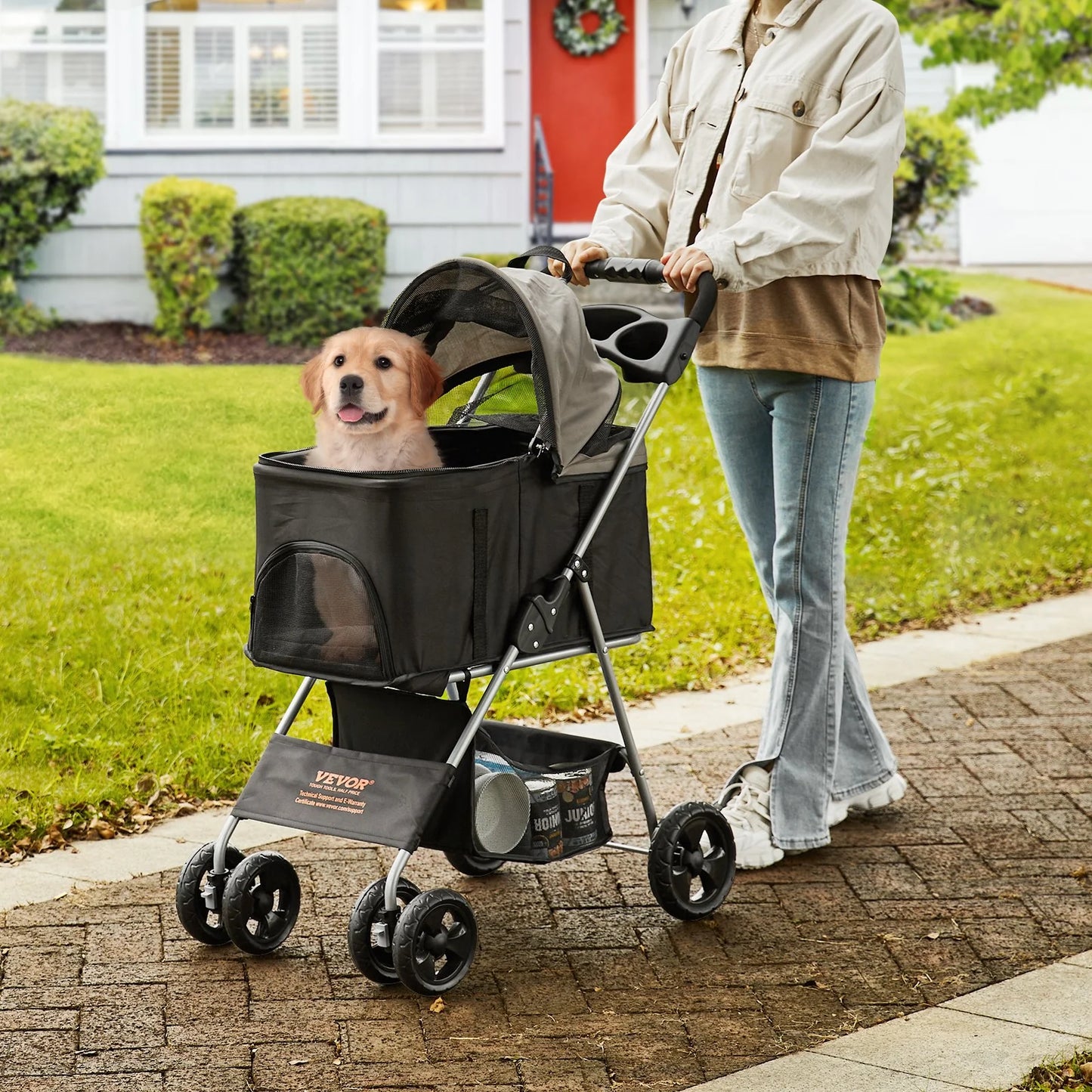 🐾 Travel in Style: VEVOR Pet Stroller with 4 Wheels, Brakes & Detachable Carrier! 🚶‍♂️🐶 (Black & Dark Grey, 35lbs Capacity)