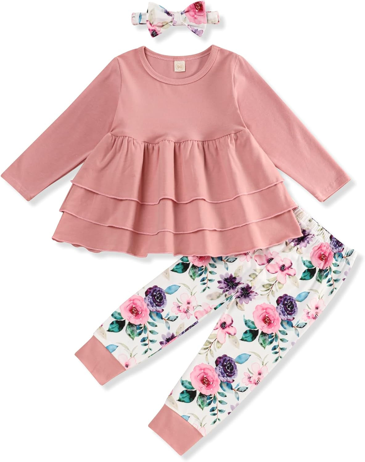 Adorable and Stylish! 🌸 Toddler Baby Girl Outfit – Solid Color Ruffle Top, Floral Pants & Cute Headband Set for a Perfect Look!