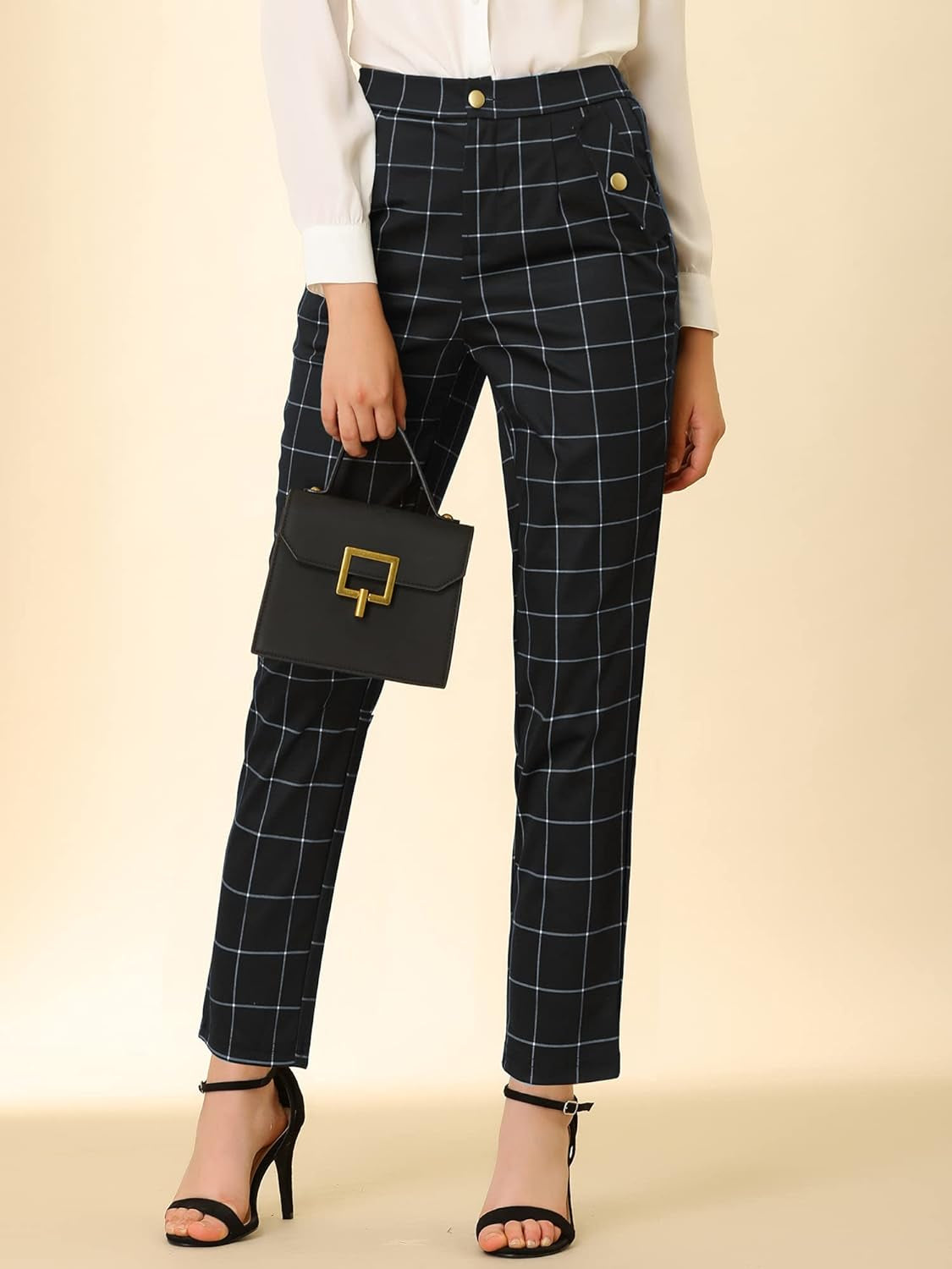 Women'S Vintage Tartan Plaid Pants Elastic Waist Straight Long Trousers