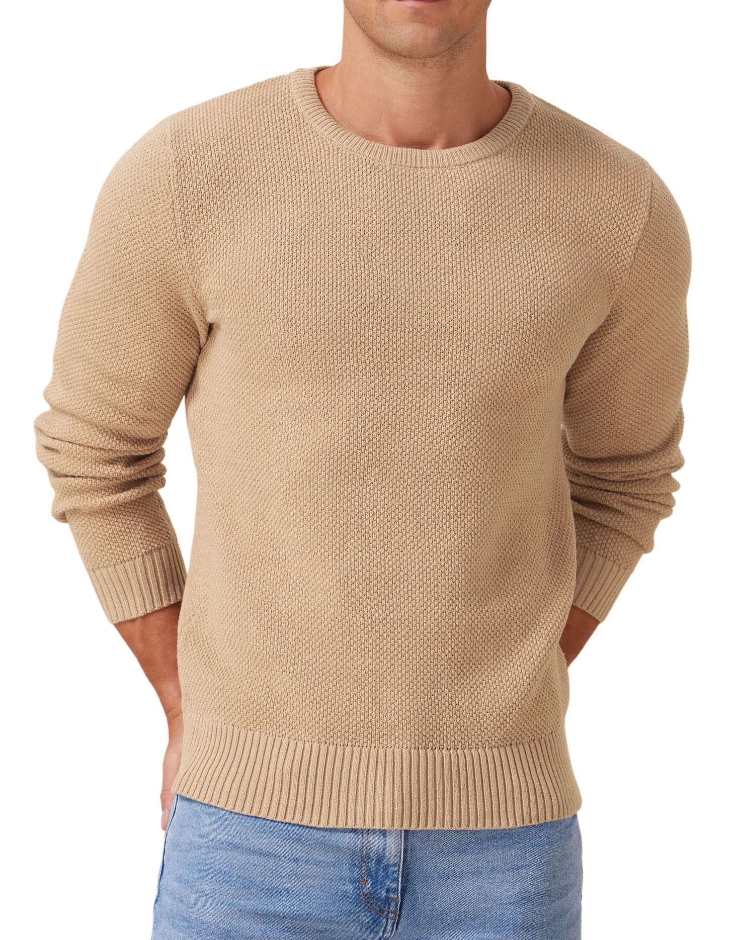 Effortless Style & Comfort ✨ Men’s Pullover Sweater – Soft, Lightweight, and Classic Crewneck Knitwear with Ribbed Edges in Light Camel (XXL).