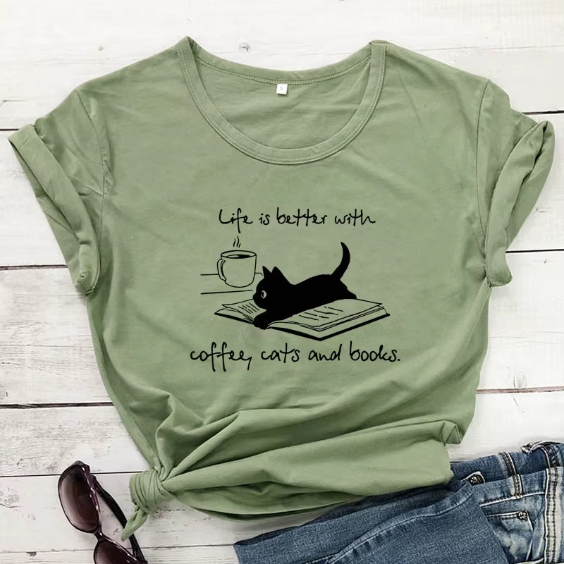 For the Love of Coffee, Cats, and Books! ☕🐾📚 'Life is Better' Funny Cat Mom T-Shirt – Perfect for Summer Reading & Relaxing!