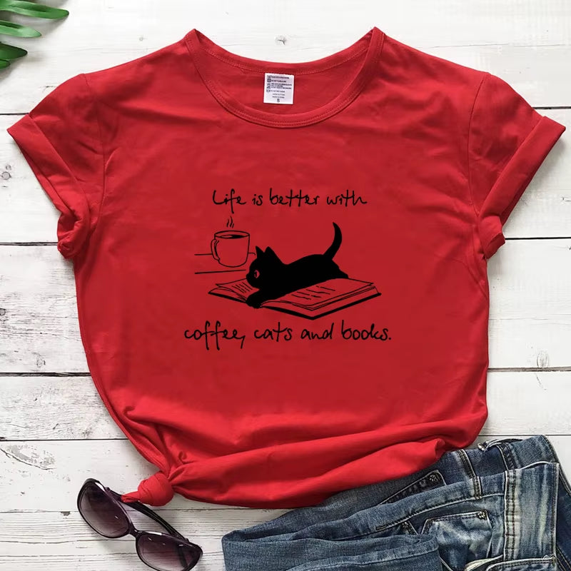 For the Love of Coffee, Cats, and Books! ☕🐾📚 'Life is Better' Funny Cat Mom T-Shirt – Perfect for Summer Reading & Relaxing!