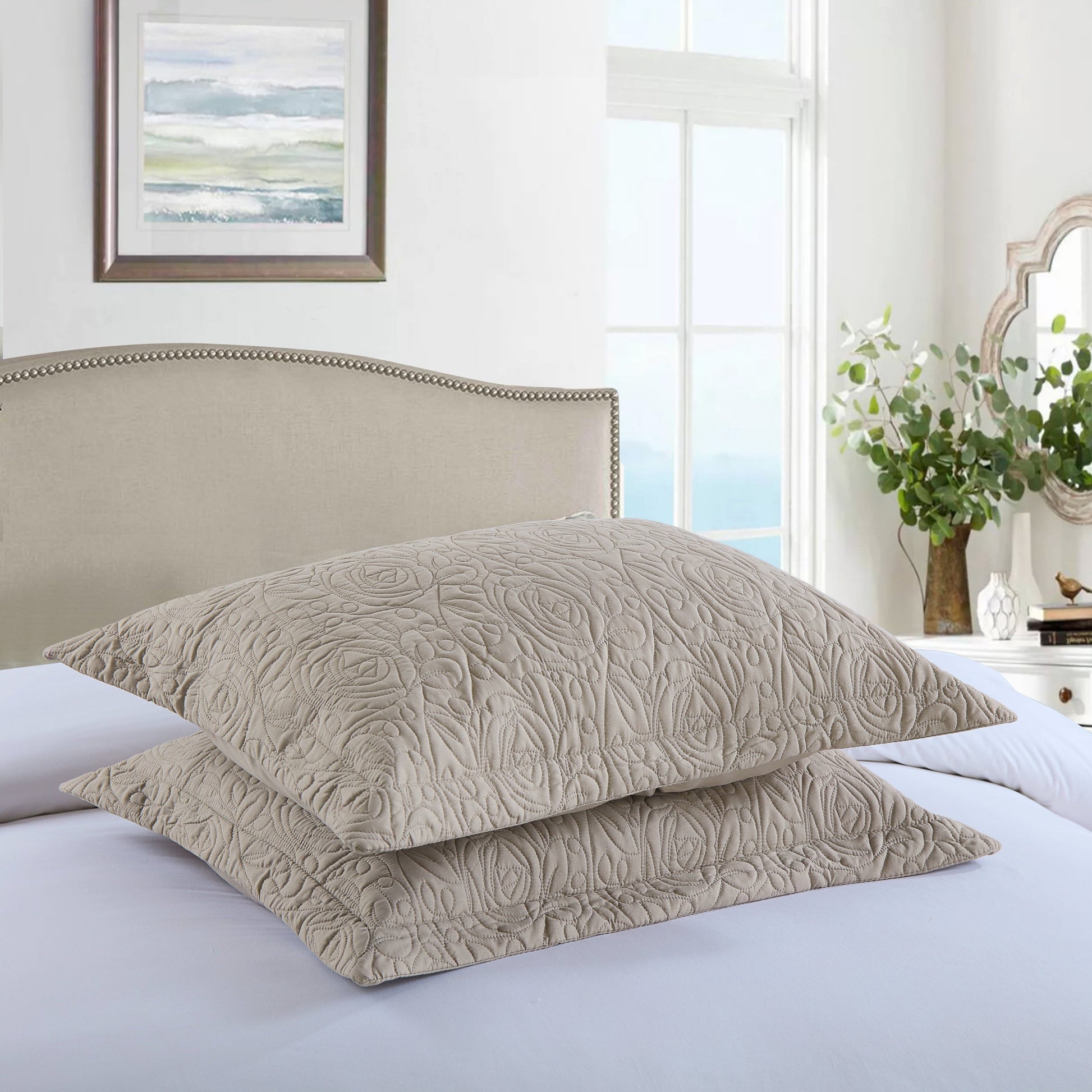 ✨ Elevate Your Bedside: Set of 2 Manor Embroidered Pillow Shams in Taupe! 🛏️💫 (20x26)