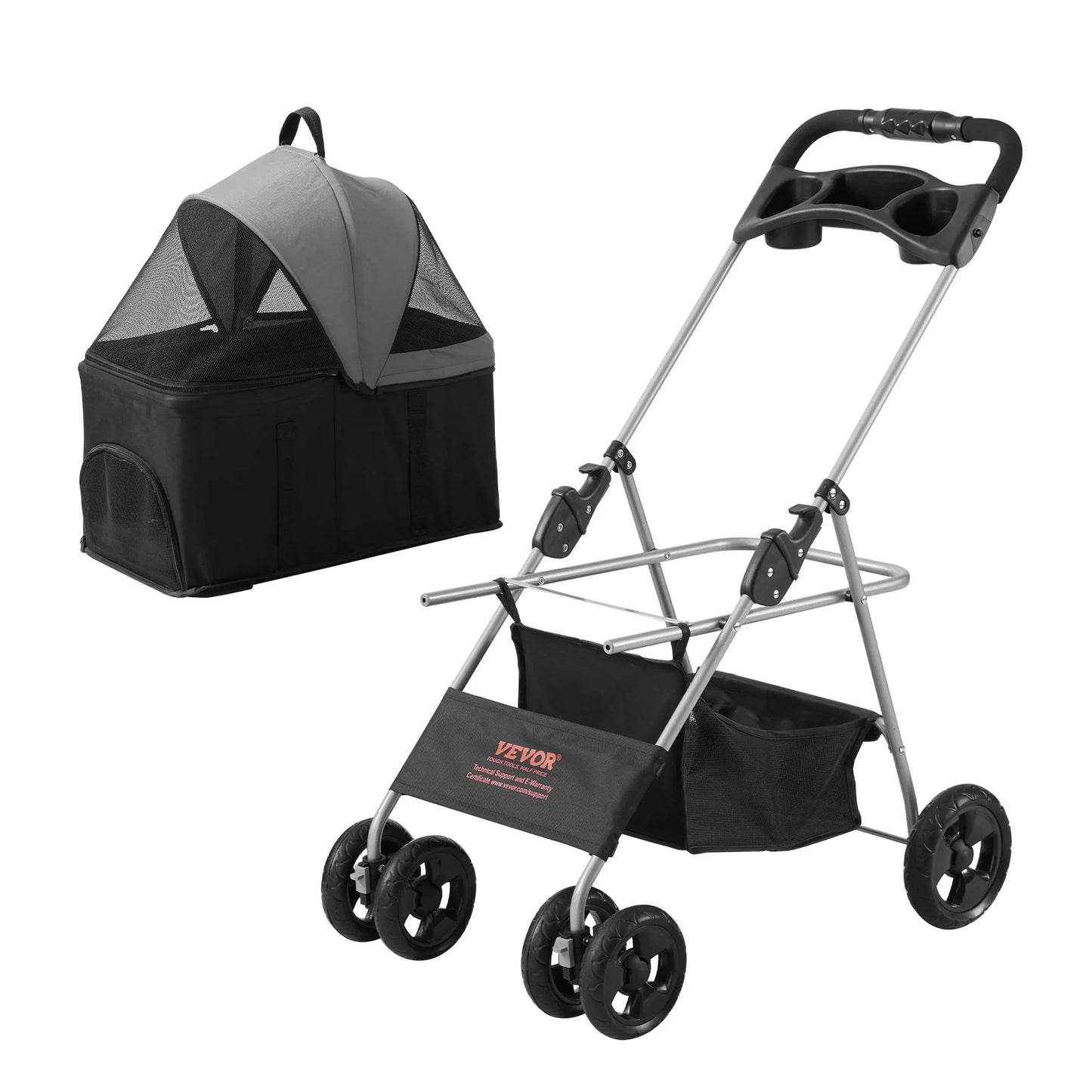 🐾 Travel in Style: VEVOR Pet Stroller with 4 Wheels, Brakes & Detachable Carrier! 🚶‍♂️🐶 (Black & Dark Grey, 35lbs Capacity)