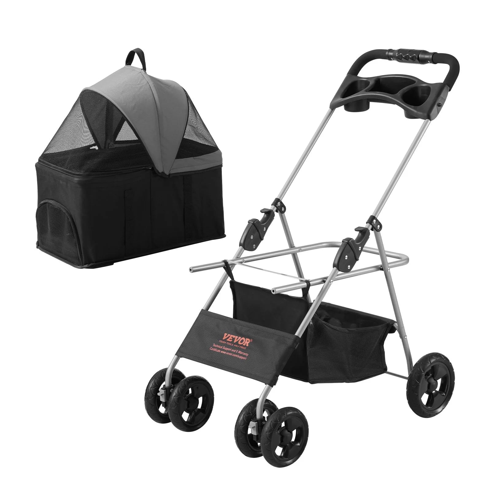 🐾 Travel in Style: VEVOR Pet Stroller with 4 Wheels, Brakes & Detachable Carrier! 🚶‍♂️🐶 (Black & Dark Grey, 35lbs Capacity)