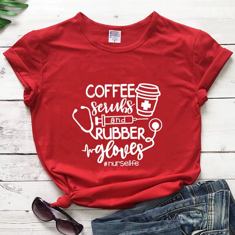 For the Love of Coffee & Nursing! ☕💉 'Coffee Scrubs & Rubber Gloves' Funny Nurse Life T-Shirt – Perfect for Nurses Who Love Their Caffeine!