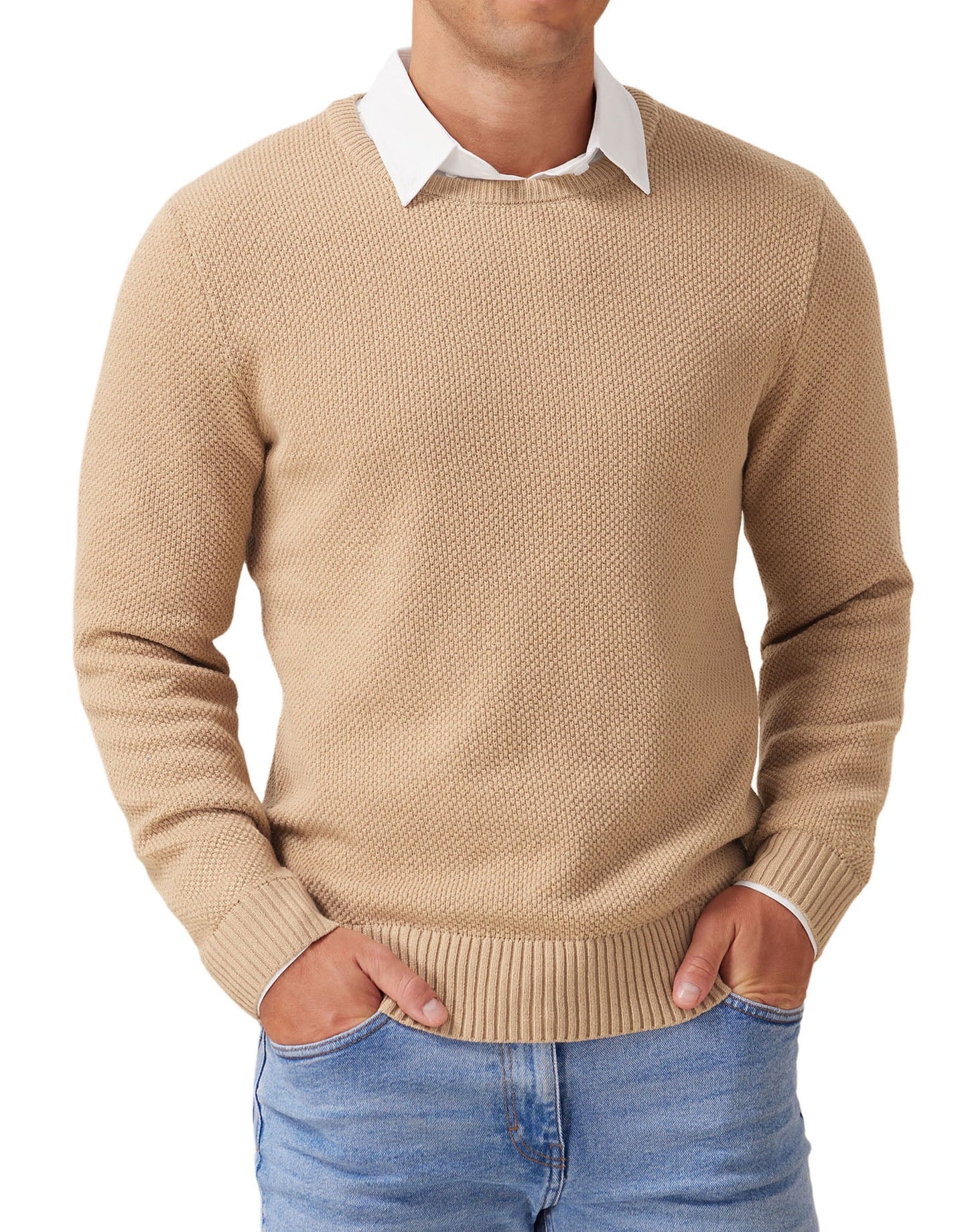 Effortless Style & Comfort ✨ Men’s Pullover Sweater – Soft, Lightweight, and Classic Crewneck Knitwear with Ribbed Edges in Light Camel (XXL).