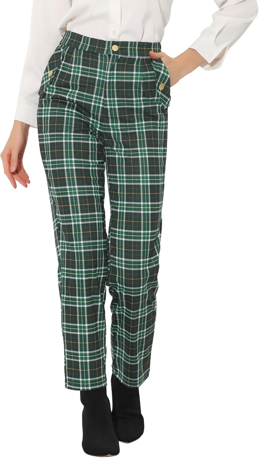 Women'S Vintage Tartan Plaid Pants Elastic Waist Straight Long Trousers