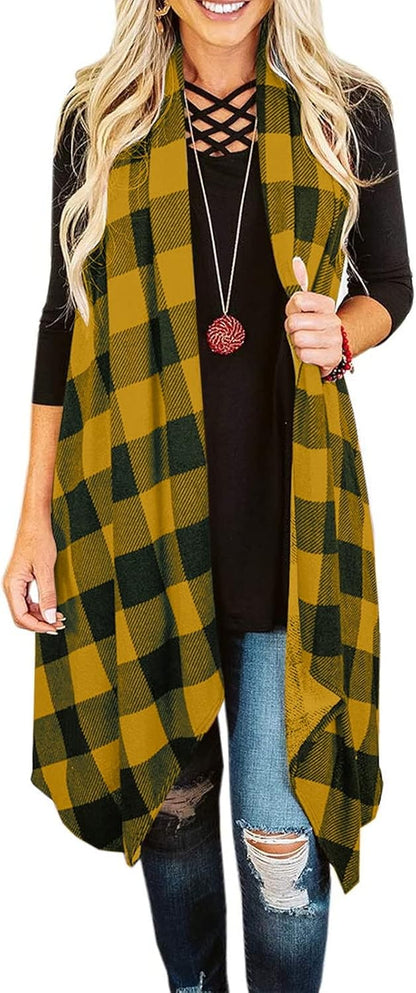 Chic & Cozy ✨ Women's Plaid Sleeveless Duster Cardigan – Lightweight, Open Front with Pockets for Effortless Style!