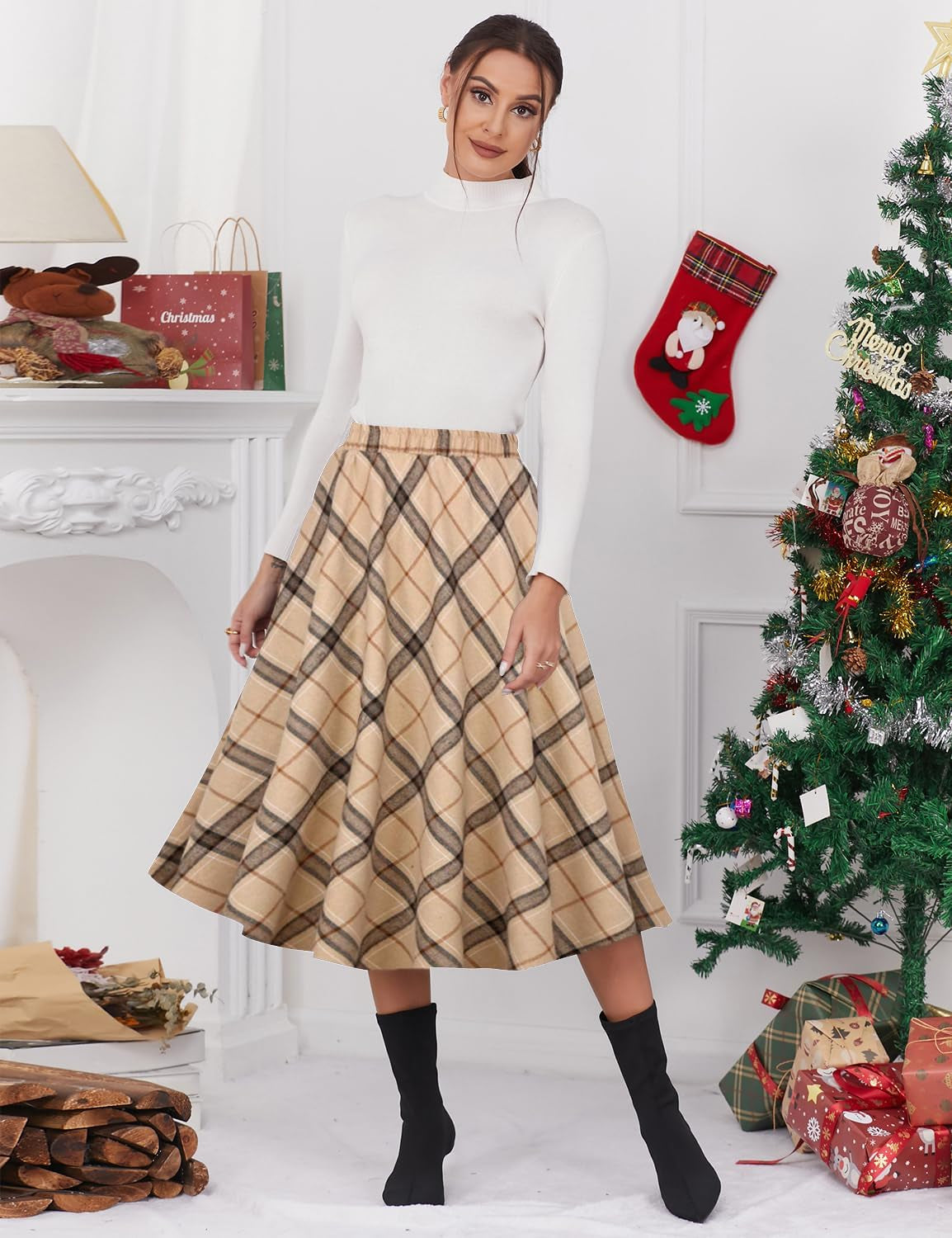 Chic & Comfy 💫 Women’s Plaid A-Line Midi Skirt – Elastic Waist, Pleated Style for Effortless Elegance!