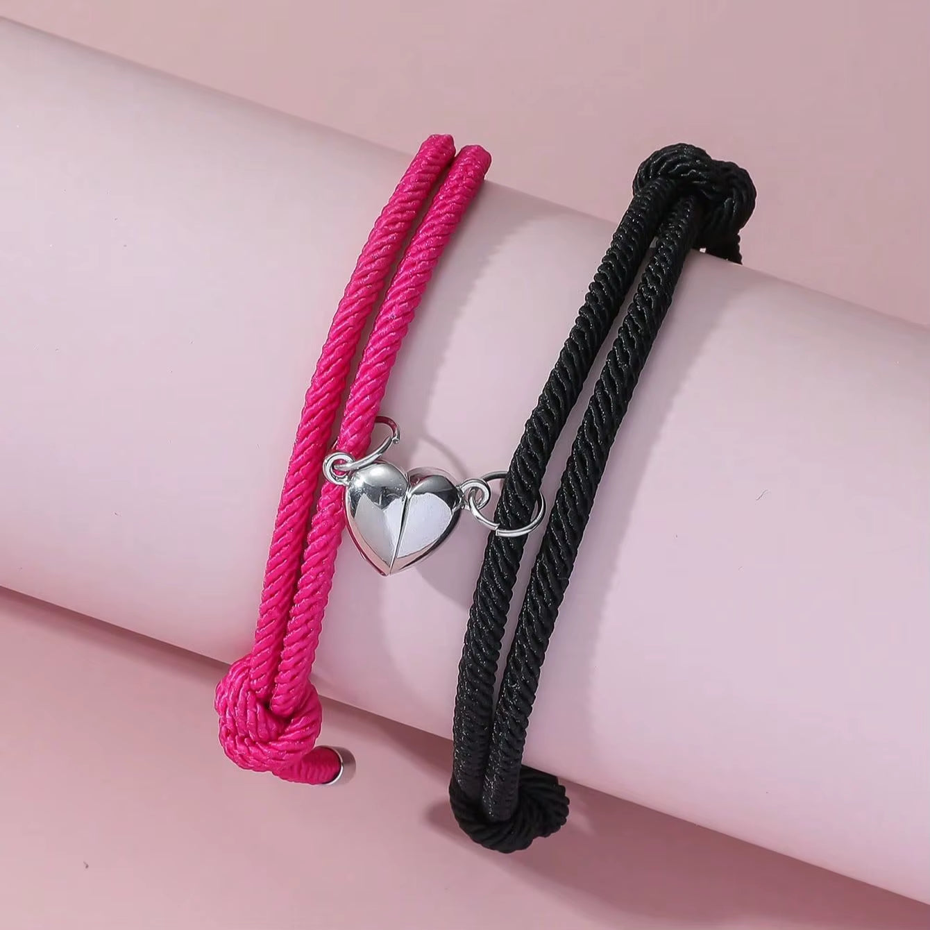 Show Your Bond in Style! 💫 Black & White Hand Rope Magnetic Couple Bracelets – Perfect for Friends, Brothers, or Travel – Elegant Silver Design!