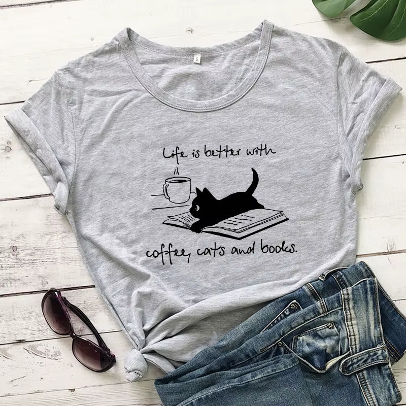 For the Love of Coffee, Cats, and Books! ☕🐾📚 'Life is Better' Funny Cat Mom T-Shirt – Perfect for Summer Reading & Relaxing!