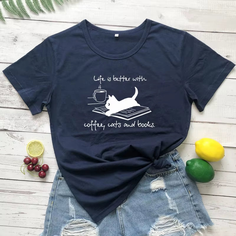 For the Love of Coffee, Cats, and Books! ☕🐾📚 'Life is Better' Funny Cat Mom T-Shirt – Perfect for Summer Reading & Relaxing!