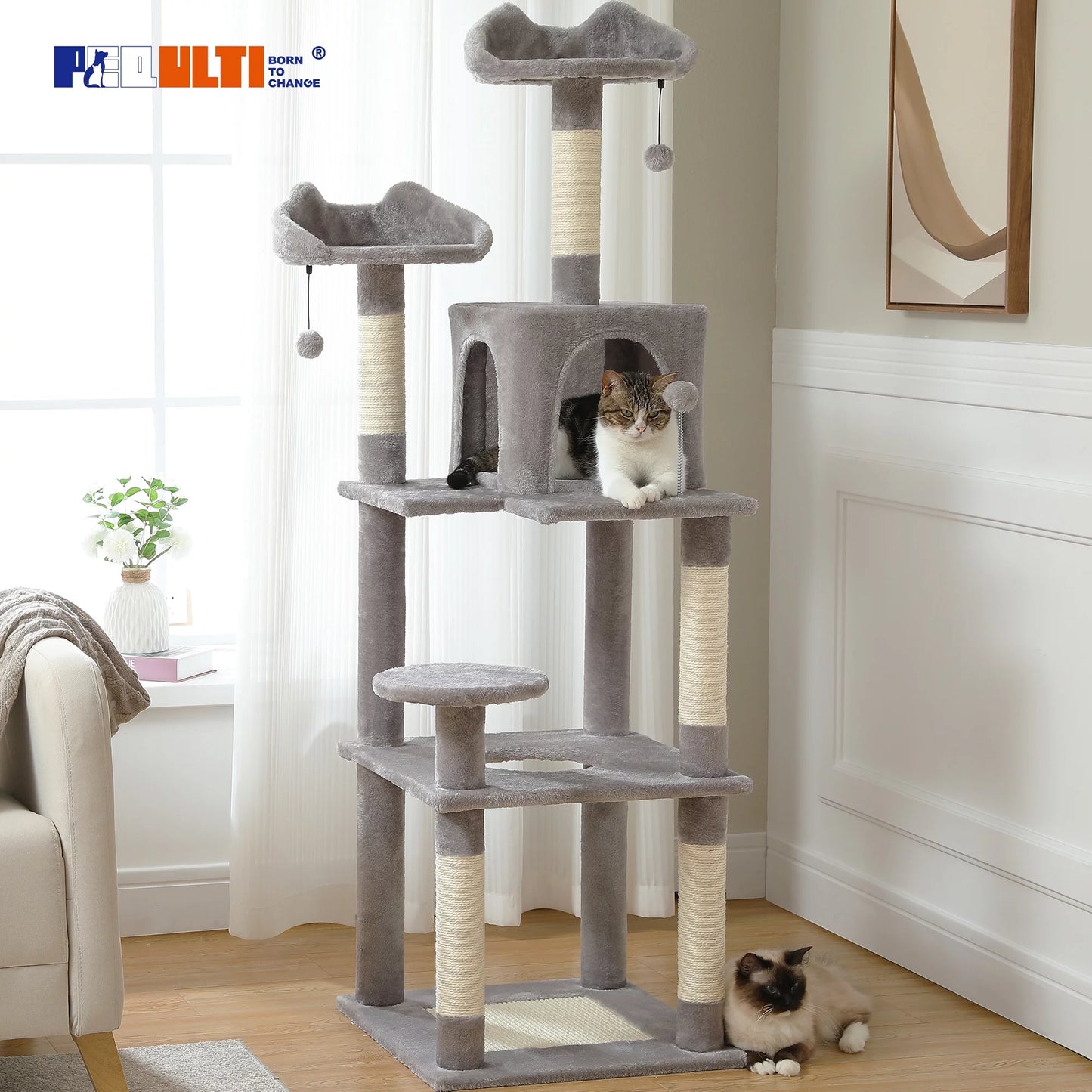 🐱 Ultimate Cat Paradise: 63" Cat Tree with Scratching Pad & Cozy Condo! 🏰✨ (Gray, Perfect for Indoor Cats)