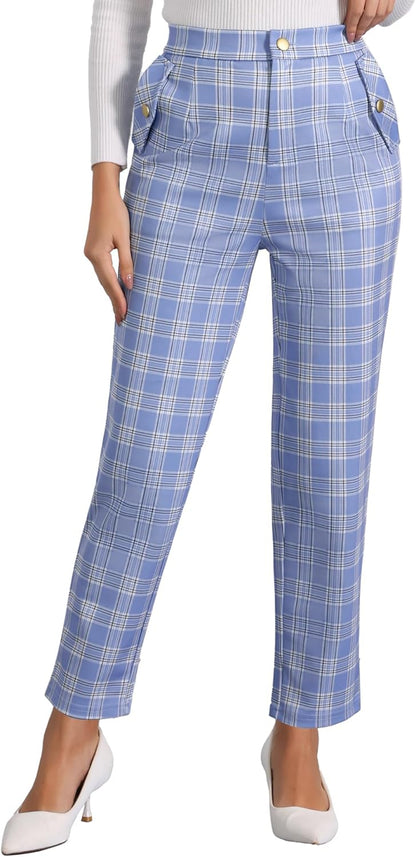 Women'S Vintage Tartan Plaid Pants Elastic Waist Straight Long Trousers