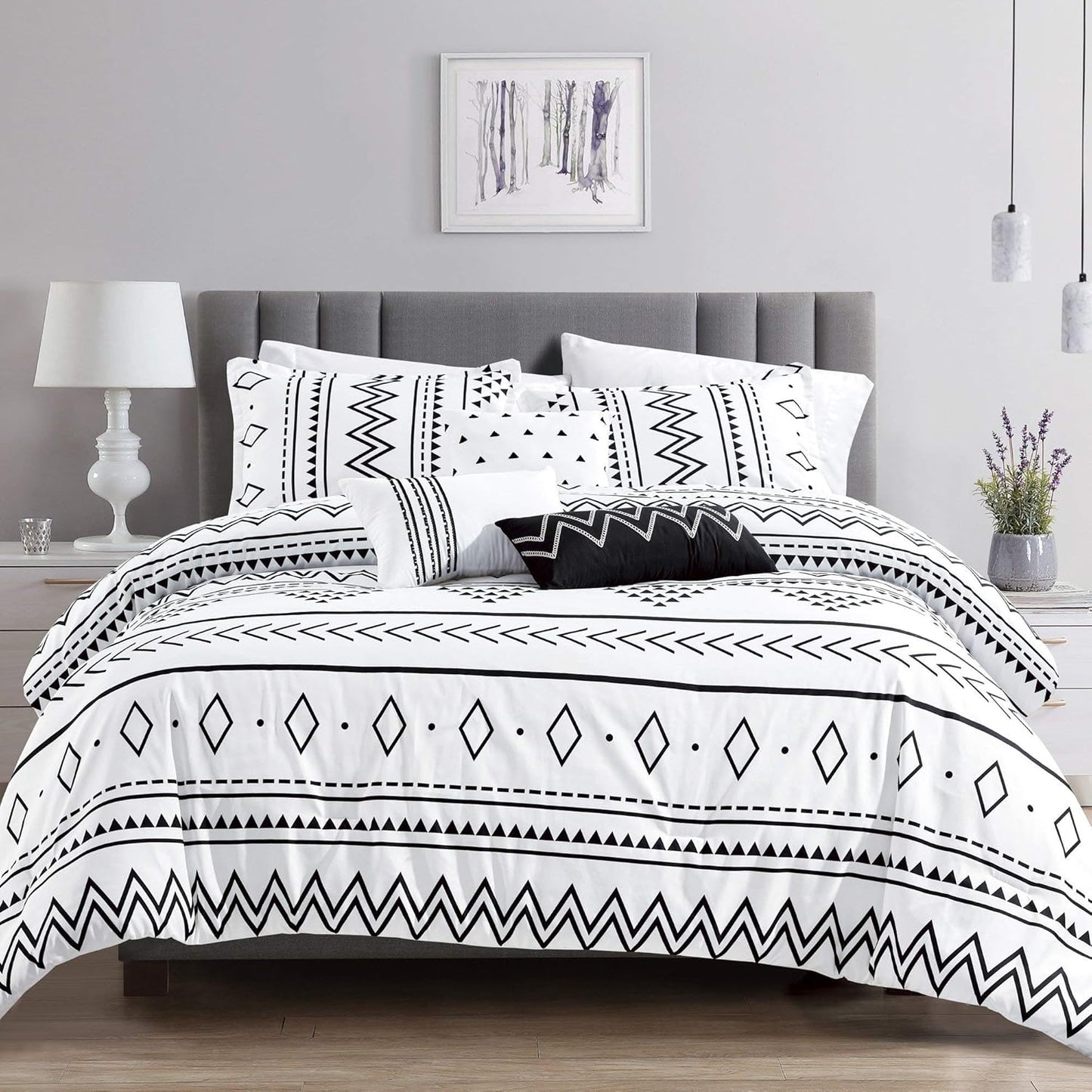 Aztec Comforter Sets - Luxury Full Size Microfiber Bedding for Queen and King Size Beds - Boho Black and White Patterns - 6 Piece Set (Queen)