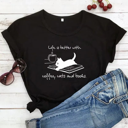 For the Love of Coffee, Cats, and Books! ☕🐾📚 'Life is Better' Funny Cat Mom T-Shirt – Perfect for Summer Reading & Relaxing!