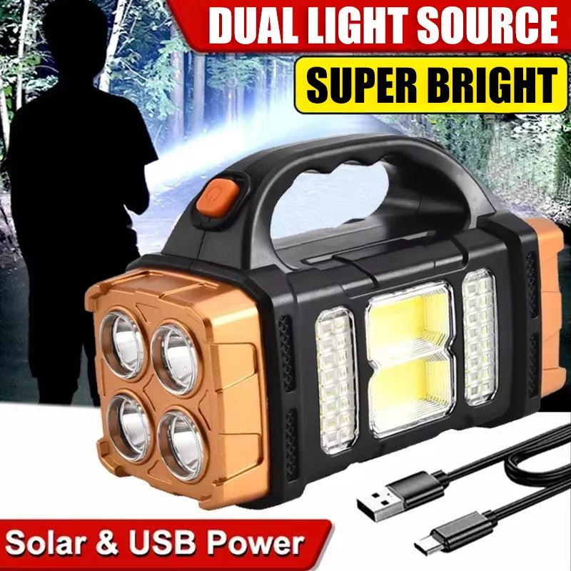 Light Up Your Adventure! 🔦✨ Portable USB Rechargeable Flashlight – Solar LED & COB Work Light, Plus Mobile Phone Charger! 🌟🏕️