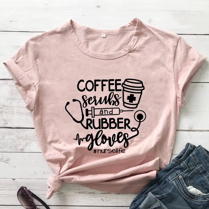 For the Love of Coffee & Nursing! ☕💉 'Coffee Scrubs & Rubber Gloves' Funny Nurse Life T-Shirt – Perfect for Nurses Who Love Their Caffeine!