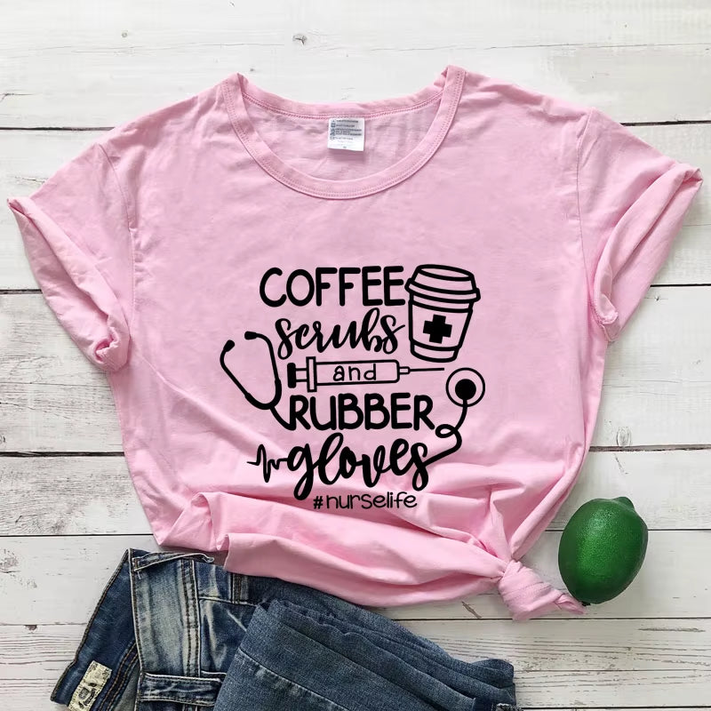 For the Love of Coffee & Nursing! ☕💉 'Coffee Scrubs & Rubber Gloves' Funny Nurse Life T-Shirt – Perfect for Nurses Who Love Their Caffeine!