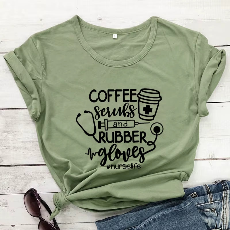 For the Love of Coffee & Nursing! ☕💉 'Coffee Scrubs & Rubber Gloves' Funny Nurse Life T-Shirt – Perfect for Nurses Who Love Their Caffeine!