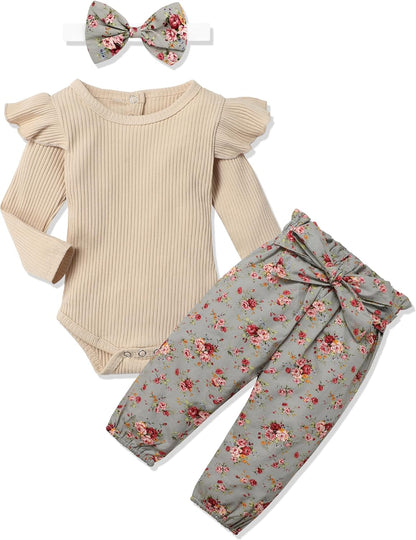 Sweet & Stylish 💖 Newborn Baby Girl Outfit – Ribbed Ruffle Sleeve Romper, Floral Pants & Headband, 3-Piece Set for Your Little Princess!