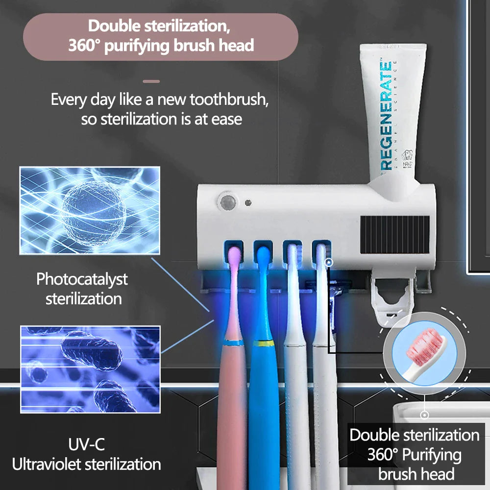 Say Goodbye to Germs! ✨ UV Toothbrush Holder & Cleaner + Automatic Toothpaste Dispenser in One!