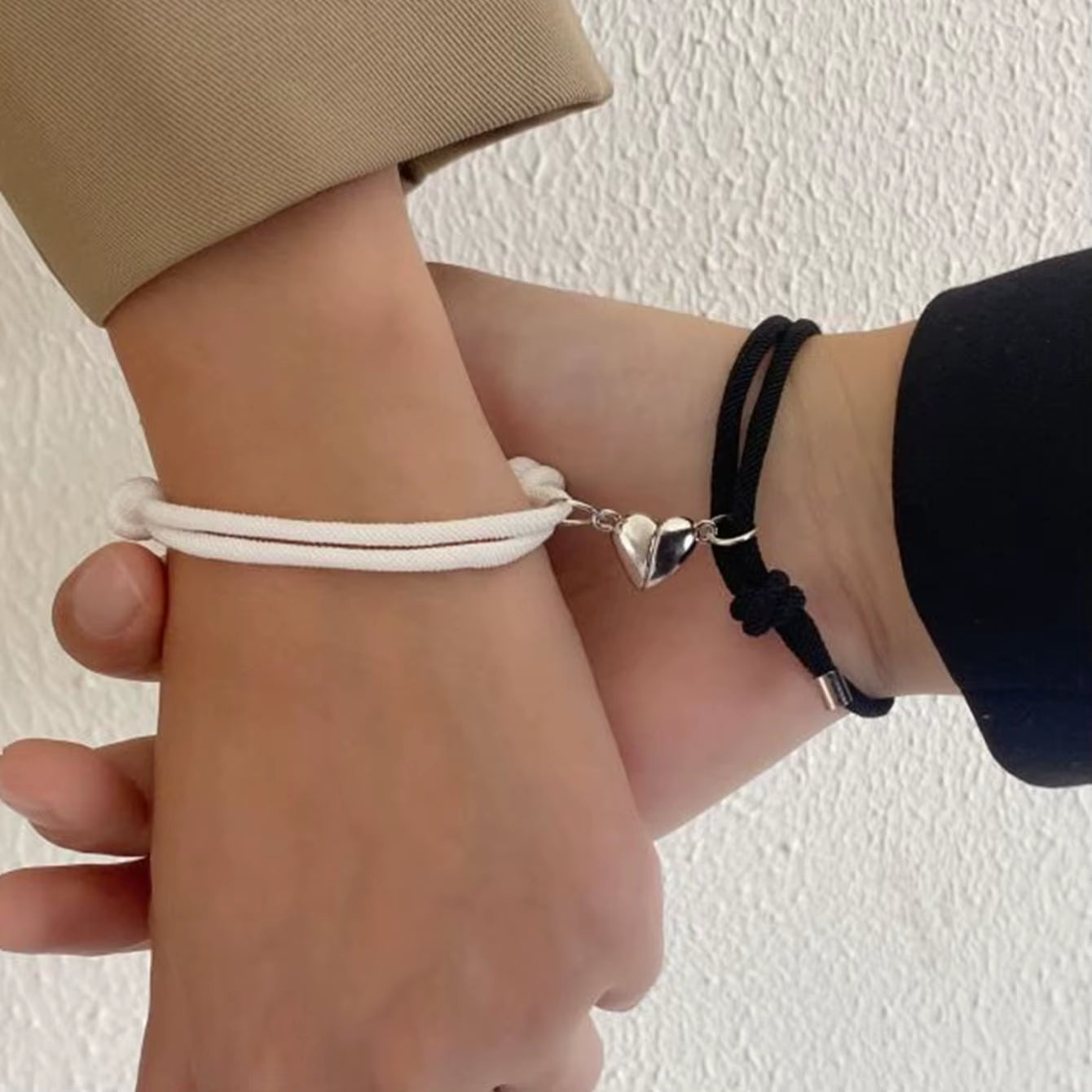 Show Your Bond in Style! 💫 Black & White Hand Rope Magnetic Couple Bracelets – Perfect for Friends, Brothers, or Travel – Elegant Silver Design!