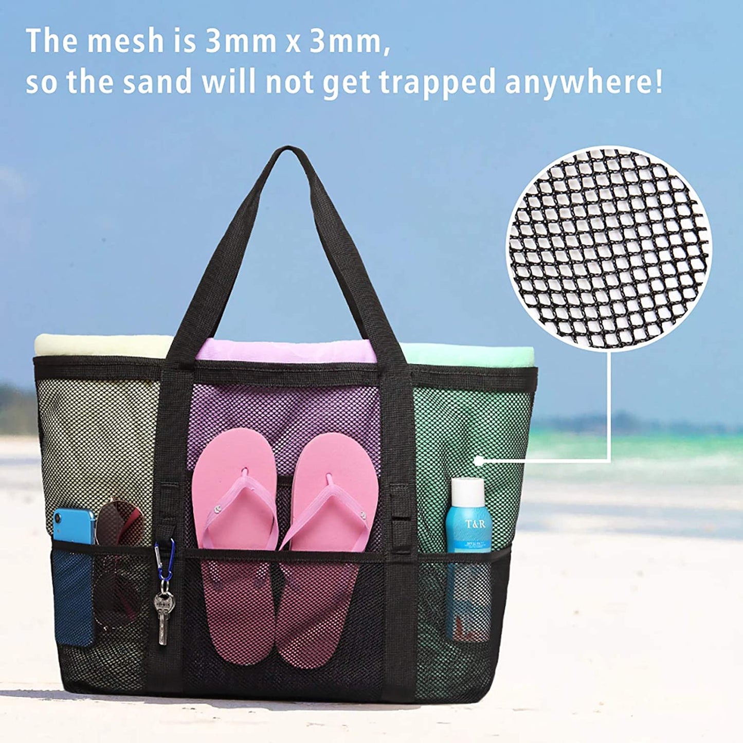 Mesh Beach Bag Family - Beach Tote 9 Pockets Cruise Vacation Essentials