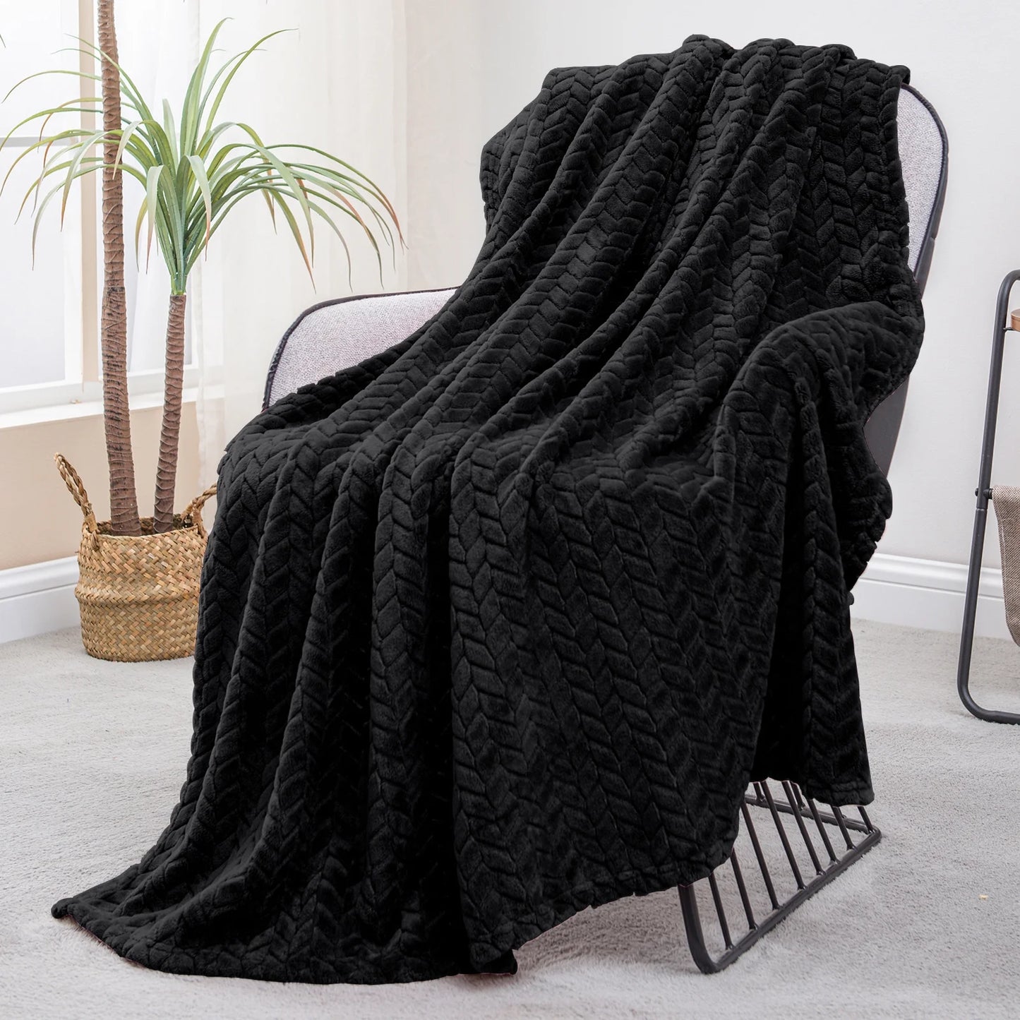 Large Flannel Fleece Throw Blanket, Jacquard Weave Leaves Pattern (50" X 70", Black)- Soft, Warm, Lightweight