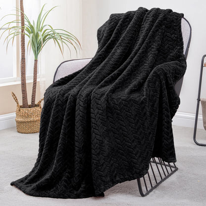 Large Flannel Fleece Throw Blanket, Jacquard Weave Leaves Pattern (50" X 70", Black)- Soft, Warm, Lightweight