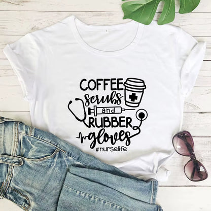 For the Love of Coffee & Nursing! ☕💉 'Coffee Scrubs & Rubber Gloves' Funny Nurse Life T-Shirt – Perfect for Nurses Who Love Their Caffeine!