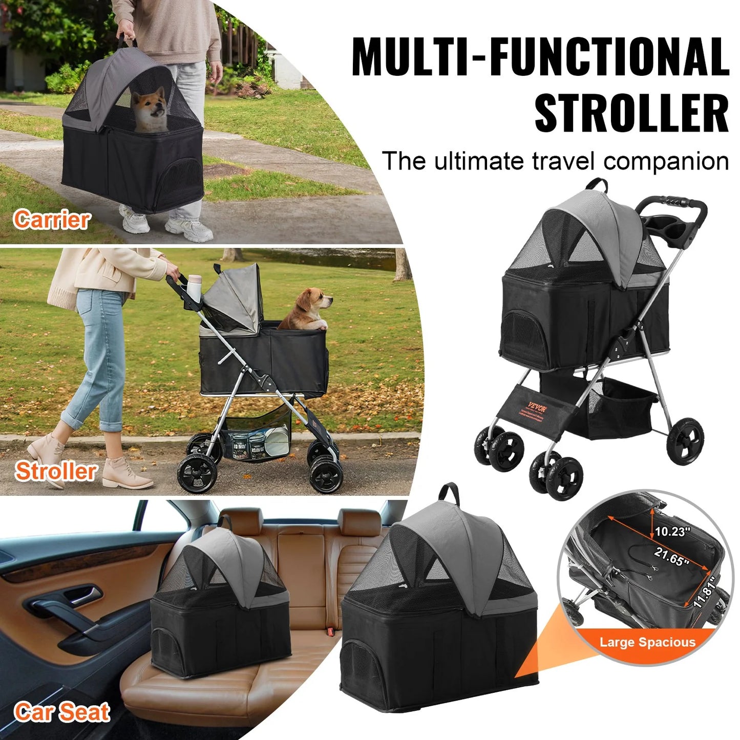 🐾 Travel in Style: VEVOR Pet Stroller with 4 Wheels, Brakes & Detachable Carrier! 🚶‍♂️🐶 (Black & Dark Grey, 35lbs Capacity)