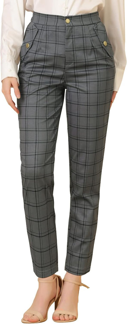 Women'S Vintage Tartan Plaid Pants Elastic Waist Straight Long Trousers