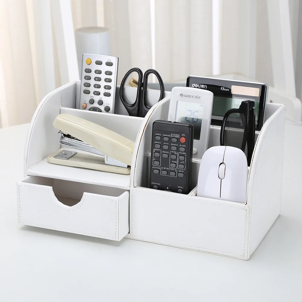 Declutter in Style! ✨ PU Leather Desktop Organizer | Chic White Storage Box for Pens, Phones, and Remotes – Perfect for a Tidy Workspace!