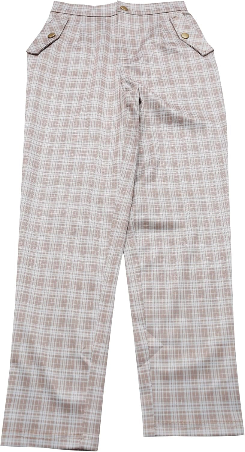 Women'S Vintage Tartan Plaid Pants Elastic Waist Straight Long Trousers