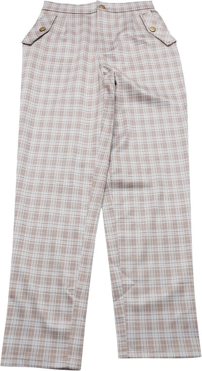 Women'S Vintage Tartan Plaid Pants Elastic Waist Straight Long Trousers