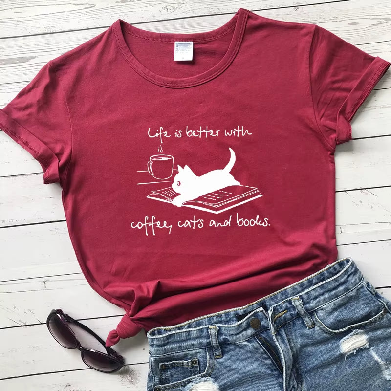 For the Love of Coffee, Cats, and Books! ☕🐾📚 'Life is Better' Funny Cat Mom T-Shirt – Perfect for Summer Reading & Relaxing!