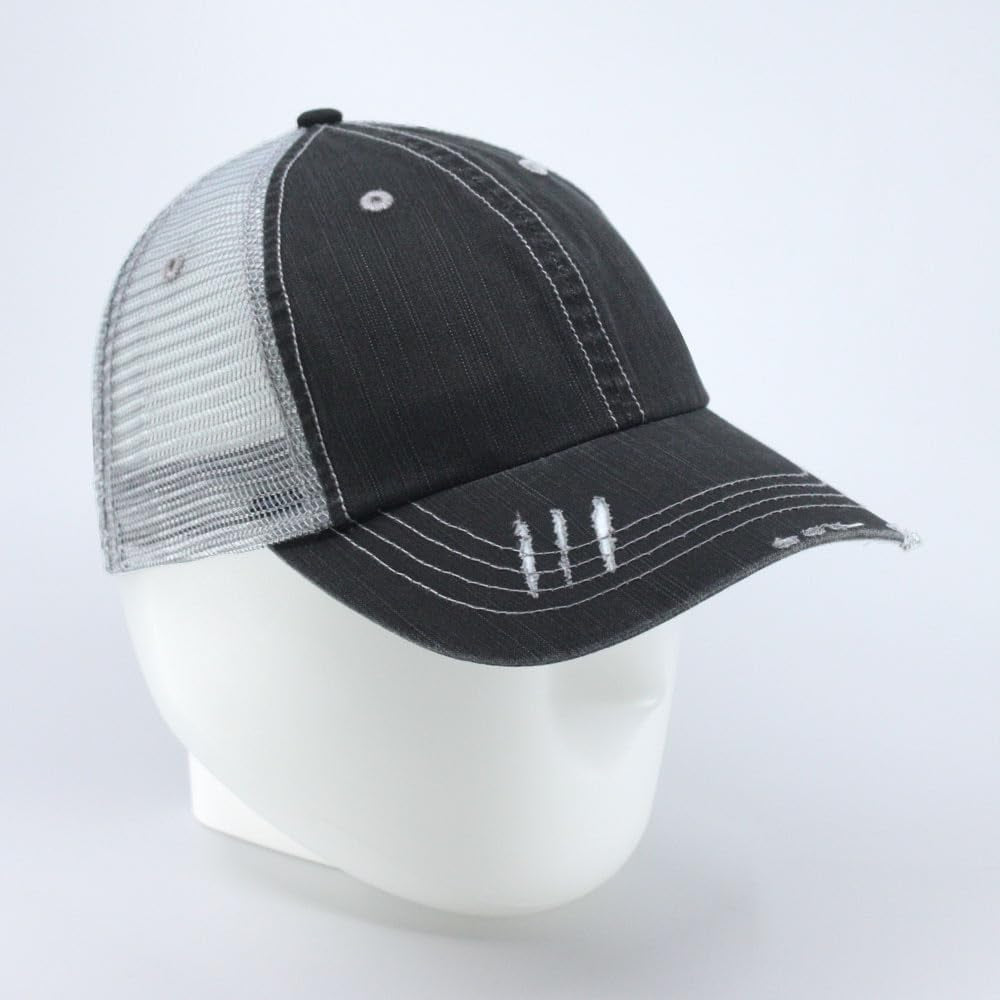 Washed Cotton Low Profile Mesh Adjustable Trucker Baseball Cap (Distressed Black)