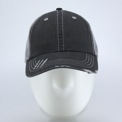 Washed Cotton Low Profile Mesh Adjustable Trucker Baseball Cap (Distressed Black)